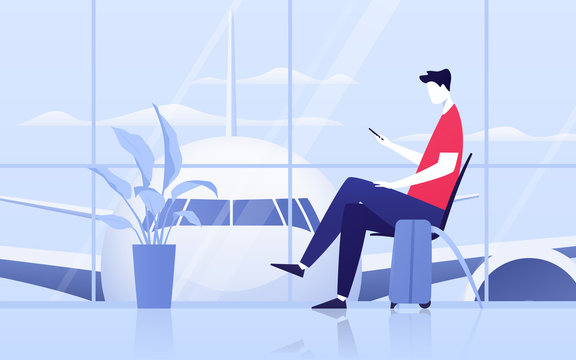 Vector Illustration Of A Young Man With Phone Sitting In The Departure Lounge At The Airport