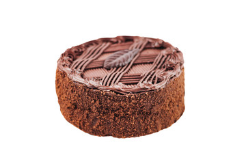 Whole fresh circle chocolate decorated baked cake for celebrate different happy event isolated on white background