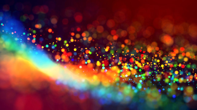 cloud of multicolored particles in the air like sparkles on a dark background with depth of field. beautiful bokeh light effects with colored particles. background for holiday presentations. 14