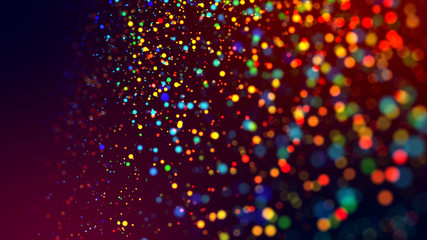 cloud of multicolored particles in the air like sparkles on a dark background with depth of field. beautiful bokeh light effects with colored particles. background for holiday presentations. 32