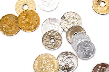 Top view and closeup of Japan yen currency coins spread isolate on white background.