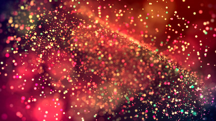 cloud of multicolored particles in the air like sparkles on a dark background with depth of field. beautiful bokeh light effects with colored particles. background for holiday presentations. 91
