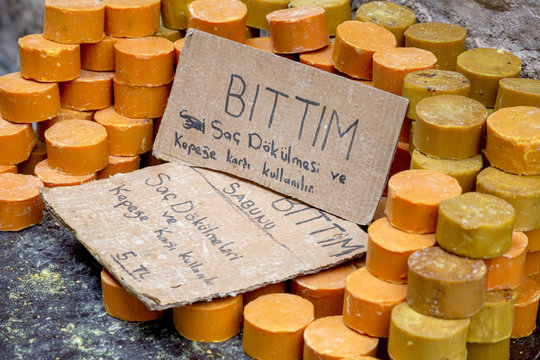 Pistacia (Bittim) and Olive Oil Soap Bar from Mardin, Turkey (Text:Prevents hair loss and dandruff. Nourishes the hair. Relieves varicose pains). 