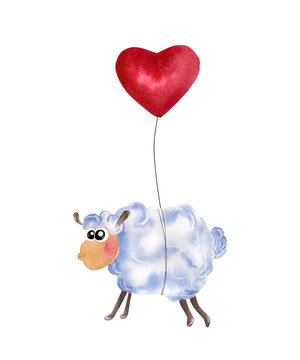 Watercolor cute cartoon sheep flying with red air balloon. Hand drawn illustration, can be used for kid's or baby's shirt design, fashion print design. Valentines greeting card