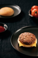 Fresh Tasty burger on dish with with french fries, ketchup