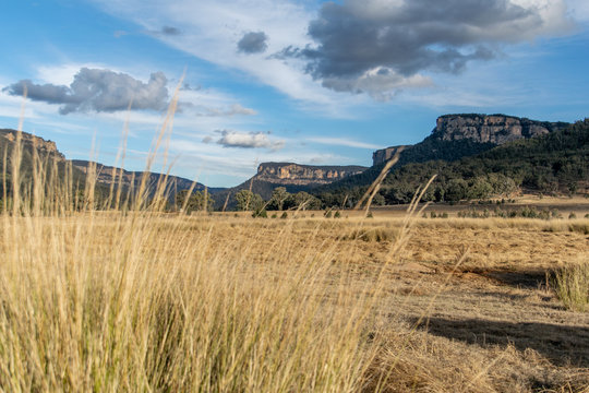 Panoramic evening sunset view of Wolgan Valley along the Wolgan River in the Lithgow Region of New South Wales, Australia. Part of the Blue Mountains near Sydney. Grass in the foreground.