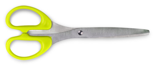 The green handled scissors isolated on white background