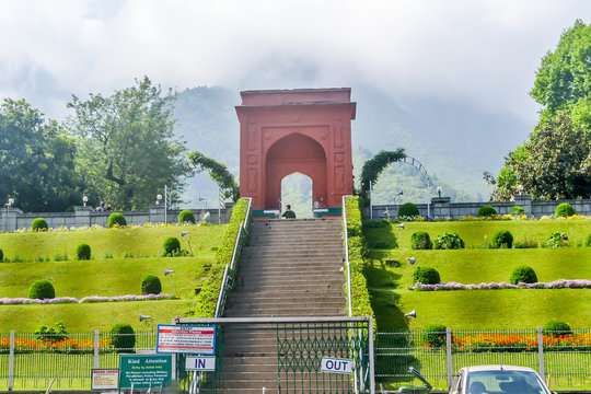 Mughal gardens or (Nishat Bagh garden) Srinagar, Jammu and Kashmir, India January 2019 - View of Nishat Bagh garden entrance one of six Most Beautiful Mughal Gardens of Jammu and Kashmir.