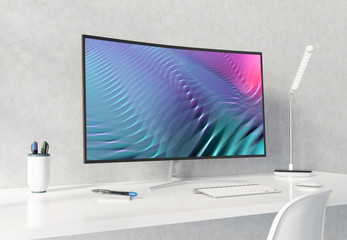 Curved monitor on white desktop concrete interior mockup 3D rendering