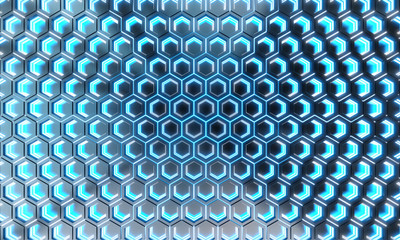 Glowing black and blue hexagons background pattern on silver metal surface 3D rendering