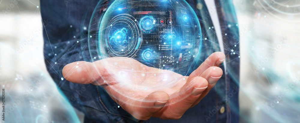 Poster Businessman using digital technological interface with datas 3D rendering