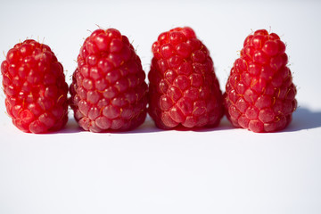 Raspberries strung, white background
