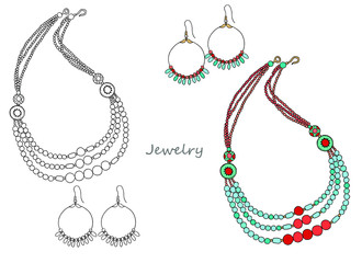 Fashion. Jewelry in ethnic style of turquoise stone: necklace and earrings. Hand-drawn. 