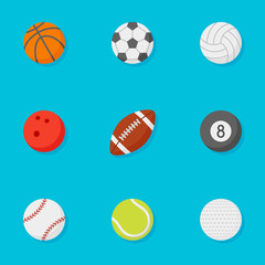 Set of sports balls flat style icons isolated on blue background. Vector illustration.