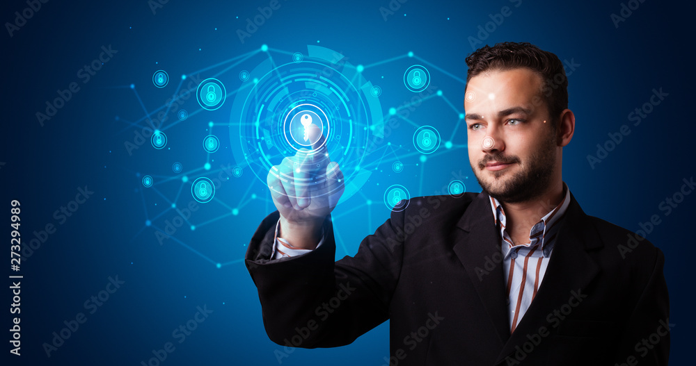 Aufkleber Man touching hologram screen displaying keys and locks