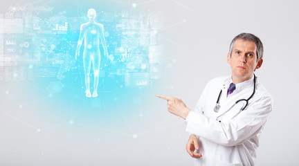 Middle aged scientist with full body map concept 
