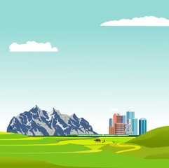 City buildings in the green horizon on the edge of green fields, mountains in background, vector illustration