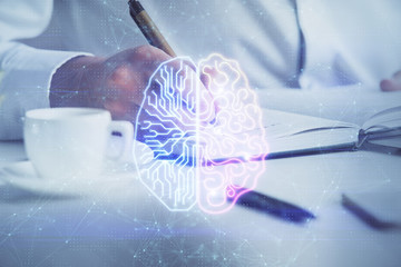 Brain multi exposure icon with man hands background.