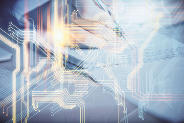 Multi exposure of hands making notes with world map hologram and data theme icons. Concept of global computer data.