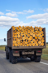 truck rides with harvested wood for the winter,close-up