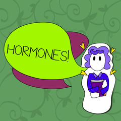 Conceptual hand writing showing Hormones. Business photo showcasing Regulatory substance produced in an organism to stimulate cells Girl Holding Book with Hearts Around her and Speech Bubble.