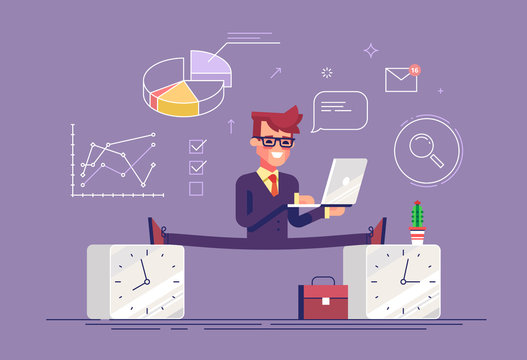 Flexible work time schedule concept. Part time work. Handsome businessman between 2 watches. Modern business character. Flat vector illustration.