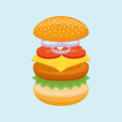 Hamburger ingredients isolated on blue background. Bun, beef, cheese, lettuce, tomato and onion. Vector illustration.