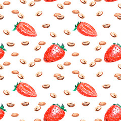 Hand drawn watercolor coffee with strawberries seamless pattern. Illustration for your design