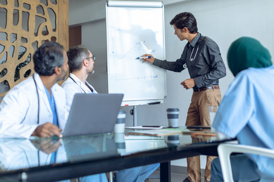 Male Doctor Explaining Over Flip Chart In Meeting At Hospital