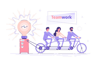 Business people are sitting on the bicycle and generating electric power for a large bulb. Idea generation. Brainstorm and teamwork cooperation concept. Modern vector illustration.