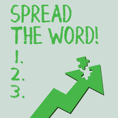 Text sign showing Spread The Word. Conceptual photo share the information or news using social media Colorful Arrow Pointing Upward with Detached Part Like Jigsaw Puzzle Piece.