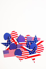 American Independence day background with blue, white and red mixed stars and hearts. Celebration of American independence day, the 4th of July (the Fourth of July). Holiday concept. With copy space. 