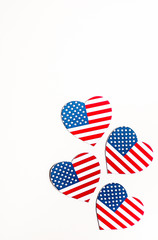 American Independence day background with blue, white and red mixed stars and hearts. Celebration of American independence day, the 4th of July (the Fourth of July). Holiday concept. With copy space. 