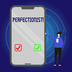 Writing note showing Perfectionist. Business photo showcasing Person who wants everything to be perfect Highest standards Man Presenting Huge Smartphone while Holding Another Mobile.