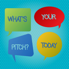 Word writing text What S Your Pitchquestion. Business concept for Present proposal Introducing Project or Product Blank Speech Bubble Sticker in Different Shapes and Color for Multiple Chat.