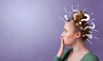 Head with white question marks, and copy space
