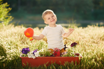 Cute little child boy watering flower seedlings in a pot in the garden on sunset background. Fun little gardener. Spring concept, nature and care.