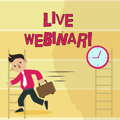 Writing note showing Live Webinar. Business photo showcasing presentation lecture or seminar transmitted over Web Man Carrying Briefcase Walking Past the Analog Wall Clock.