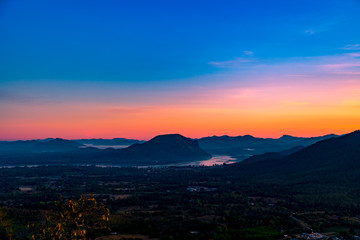 Scenic Colorful Landscape Sunrise in the Morning on The Hill at Phu Tok, Chiang Khan, Loei, Thailand.