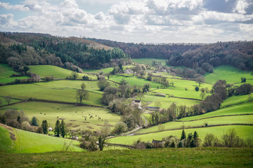 View from Breakheart Hill across Waterley Bottom near Dursley, The Cotswolds, Gloucestershire, United Kingdom