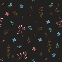 Floral pattern with watercolor flowers and leaves on dark background. Perfect for textile and wallpers.