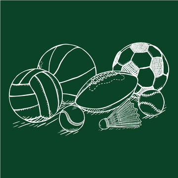 Vector Chalk Sketch Sport Set - Pile of Different Balls and Equipment