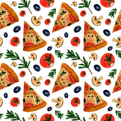 Watercolor pattern. Pizza with mushrooms and rosemary, traditional italian food. Tomato, olive, mushroom slice. Watercolor illustration on white background, isolated