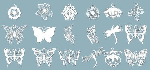 A set of butterfly patterns, dragonflies, in the form of pendants. Template with vector illustration of butterflies. For laser cutting, plotter and silkscreen printing. - obrazy, fototapety, plakaty