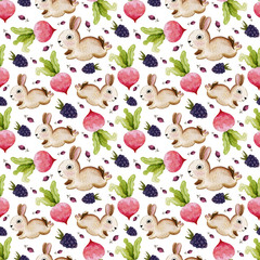 Seamless watercolor pattern with cute rabbits, blackberries and raddish. Perfect for invitation,template card,Birthday,textile, walpaper, wrapping paper, kids design. Isolated on white background.