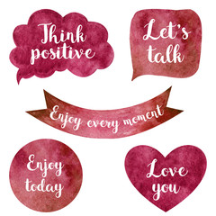 Set of watercolor elements. Beautiful cherry color. Think positive. Let's talk.Enjoy today. Love you. Perfect for stikers, scrapbooking, etc. Isolated on white background.