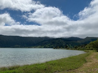 Mountain landscape with lakes on São Miguel island, Azores, Portugal 