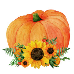  Watercolor composition with pumpkin, sunflowers,leaves,branches,ferns, rosehip berries.Thanksgiving elements. Perfect for invitation,template card,Birthday,textile.Autumn season.