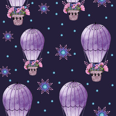Watercolor pattern with air balloon, flowers and snowflakes in pastel colours.Handpainted winter background. Can be use like wrapping paper.