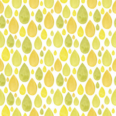Watercolor pattern with drops in yellow pastel colors. Isolated on white background. Lemon, green. Perfect for wrapping paper, wallpaper, kids textile. Autumn season theme.